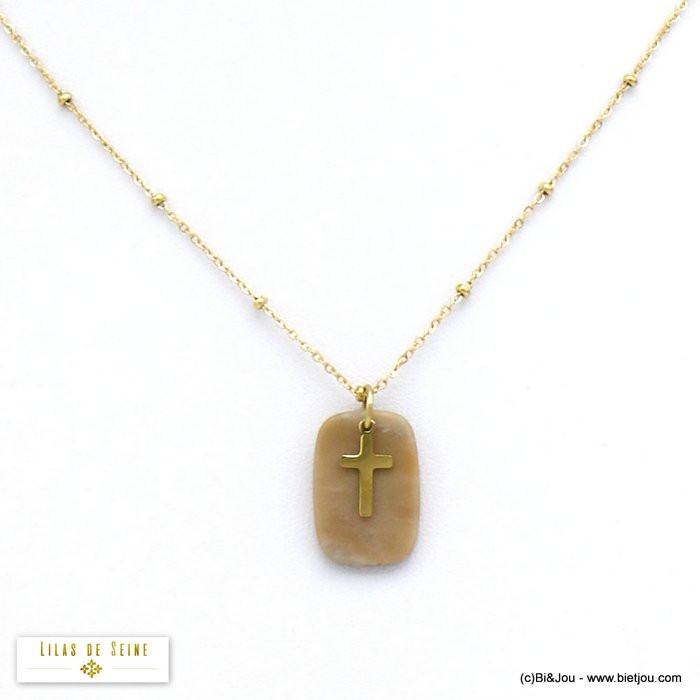 collier pendentif agate pierre croix acier inoxydable femme 0120523 rose nude