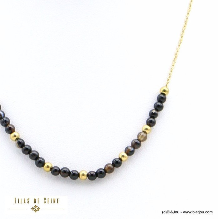 Collier chaîne fine billes 3mm pierre naturelle acier inoxydable femme 0121564 noir