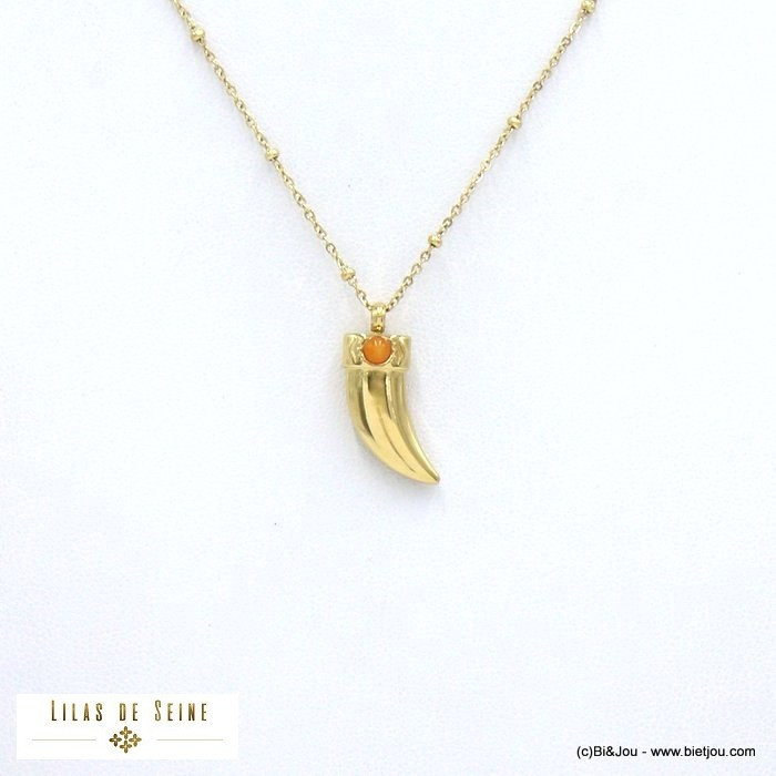 collier acier inoxydable corne abdondance cabochon pierre femme 0122073 doré