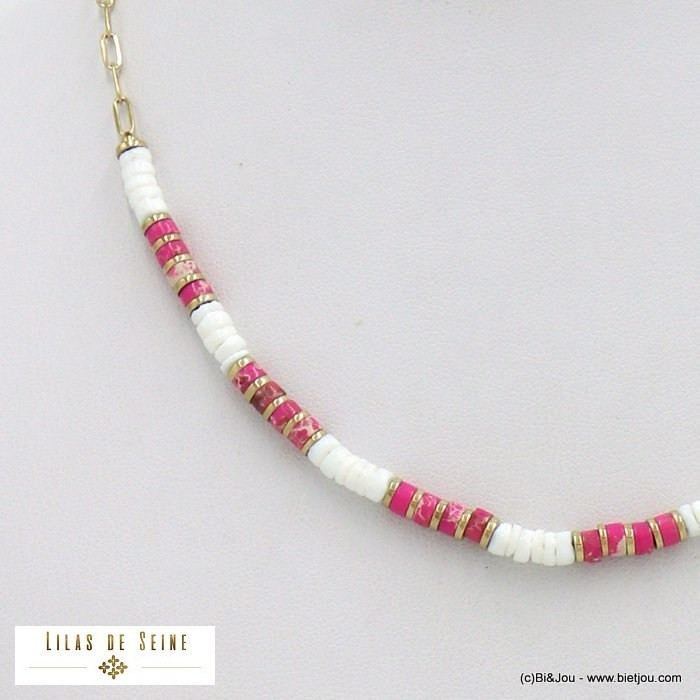 collier acier inoxydable surfeur rondelles pierre nacre chaine maillon ovale femme 0122028 fushia