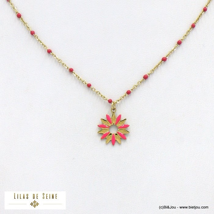 collier acier inoxydable fleur résine époxy femme 0122118 fushia