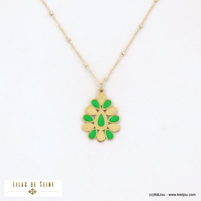 collier acier inoxydable gouttes résine époxy femme 0122144 vert