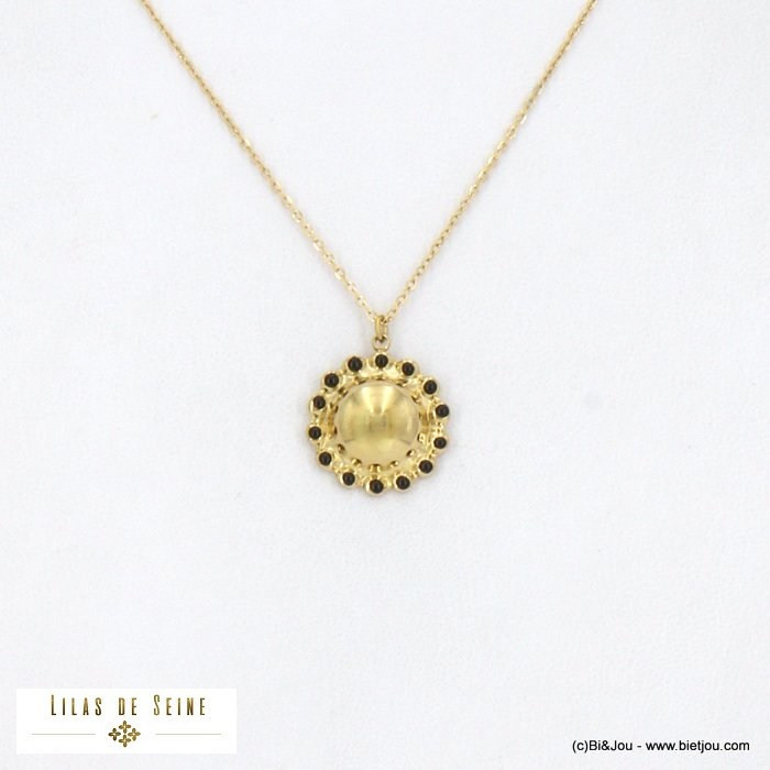 collier acier inoxydable pendentif rond résine époxy femme 0122513 noir