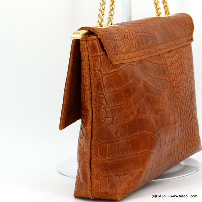 Sac à bandoulière chaîne cuir véritable façon croco rabat fermoir métallique tourniquet 0922550 cognac