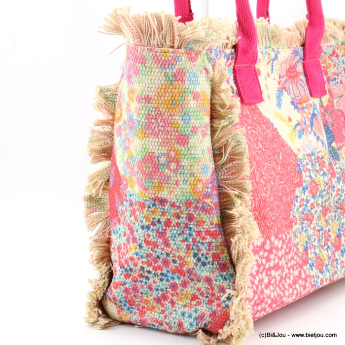 Sac à main fleurs franges coton polyester femme 0923034 fushia