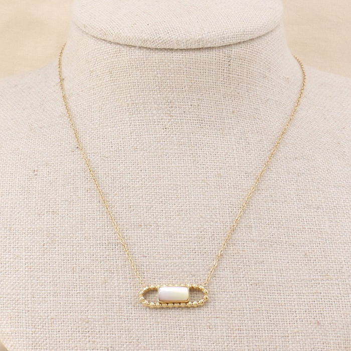 Collier acier inoxydable cabochon rectangulaire pierre/nacre naturelle 0123117 blanc