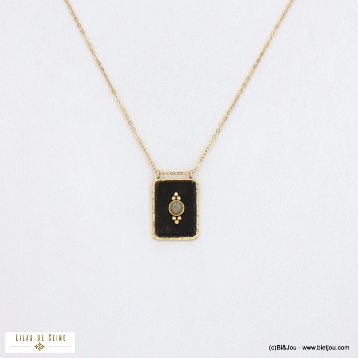 Collier acier inoxydable pendentif rococo pierre véritable 0122547 noir