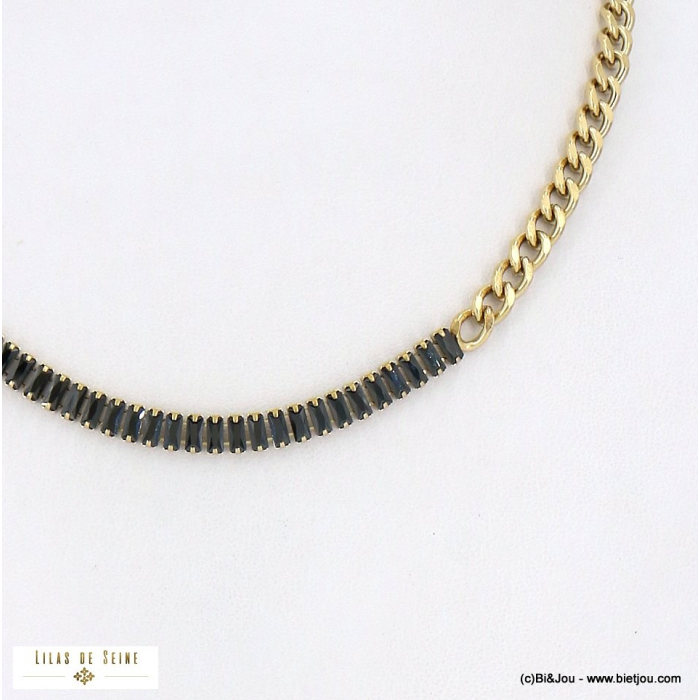 Collier chaîne maille gourmette acier inoxydable strass 0122586 doré