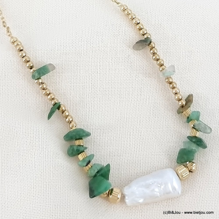 Collier acier perle eau douce éclats pierre naturelle 0123060 vert