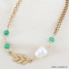 Collier acier inoxydable laurier pierre perle eau douce 0123066 vert
