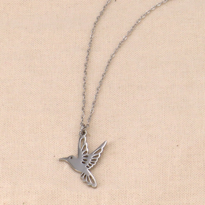 Collier acier inoxydable oiseau en vol colibri femme 0124030 argenté