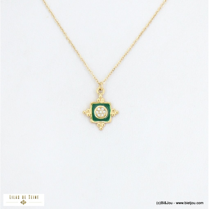 Collier rococo pendentif acier inoxydable émail strass 0122533 vert foncé