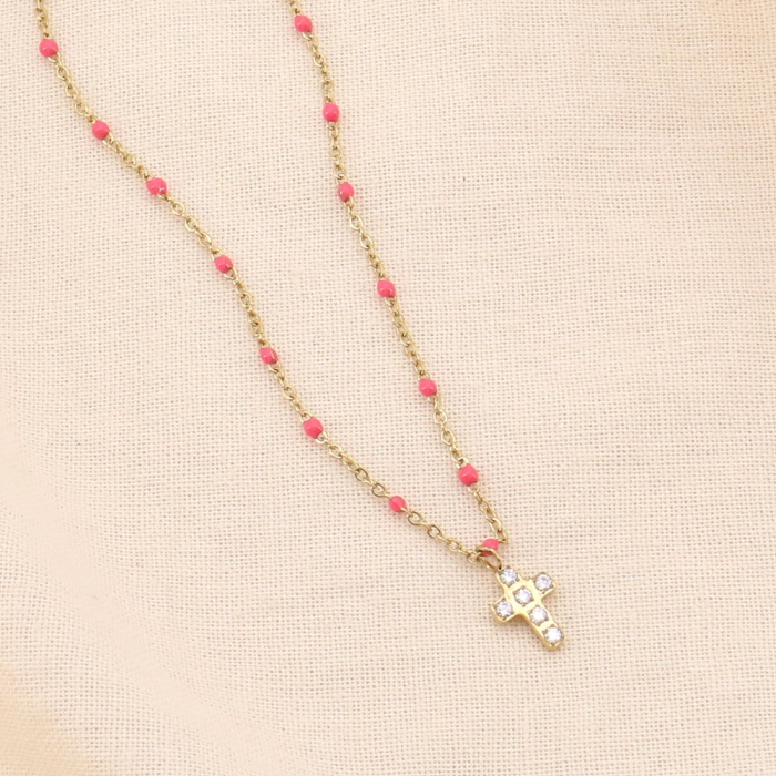 Collier acier inoxydable strass croix résine époxy femme 0124524 orange foncé