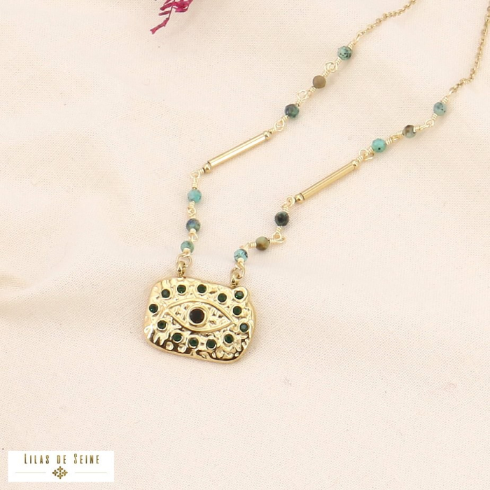Collier acier inoxydable antique oeil chance pierre strass 0123580 vert