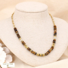 Collier chaîne et perles acier inoxydable et rondelles pierres véritables 0123582 marron