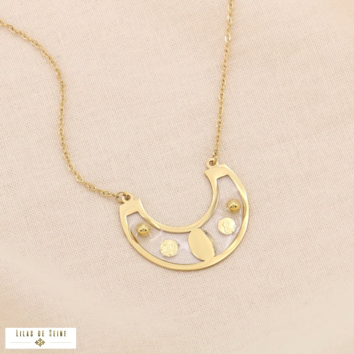 Collier chaîne fine acier inoxydable pendentif demi-lune ajourée 0124050 doré