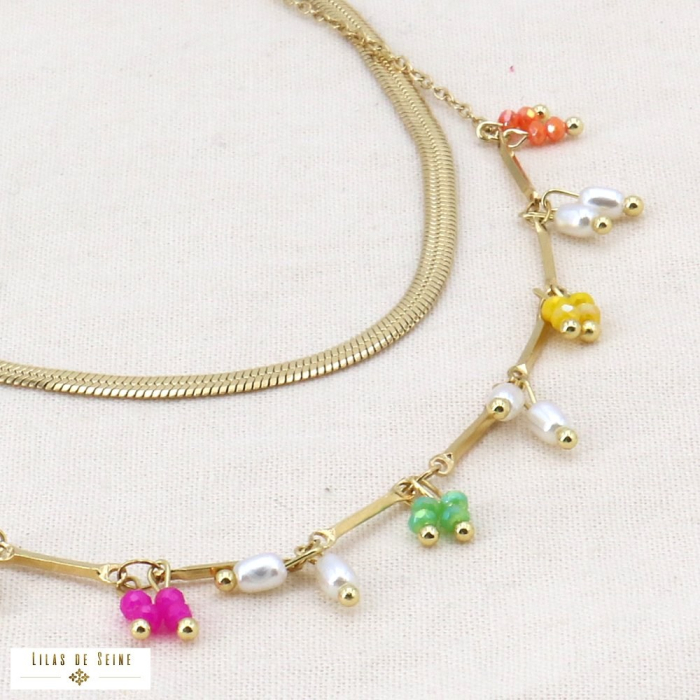 Collier double-rangs acier inoxydable cristal perles acrylique 0124064 multi