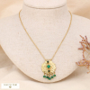 Collier pendentif nénuphar acier cabochon breloques pierres 0123573 vert foncé