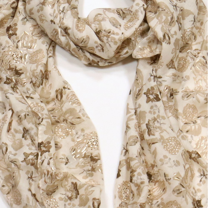 Foulard Voile Coton Vert Viscose Motifs Floraux 0725005 naturel/beige