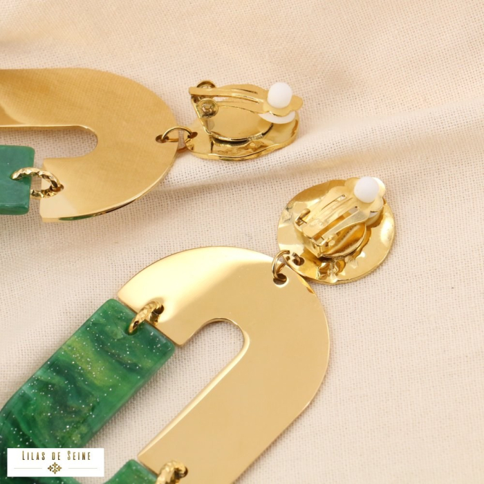 Boucles d'Oreilles Clip Vintage Pendentif XXL Acier Résine Marbrée 0324533 vert