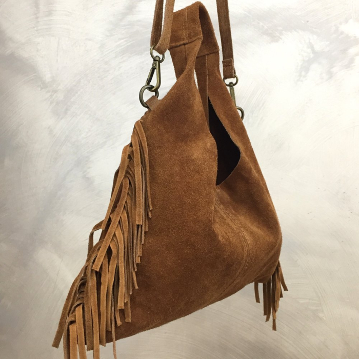 Sac porté épaule cuir véritable daim suède franges 0925509 cognac