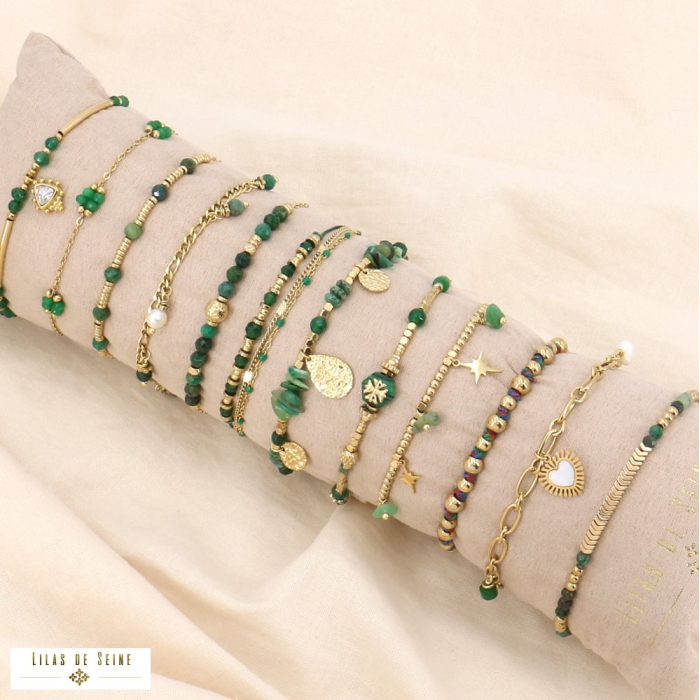 Ensemble 12 bracelets acier pierres coeur trèfle 0223552 vert foncé
