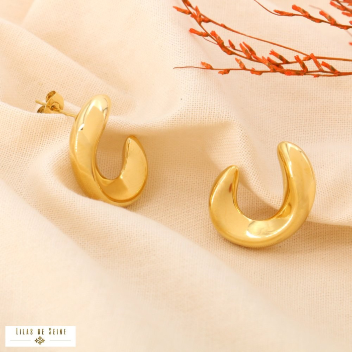 Boucles d’oreille anneau design organique sculptural acier 0324197 doré