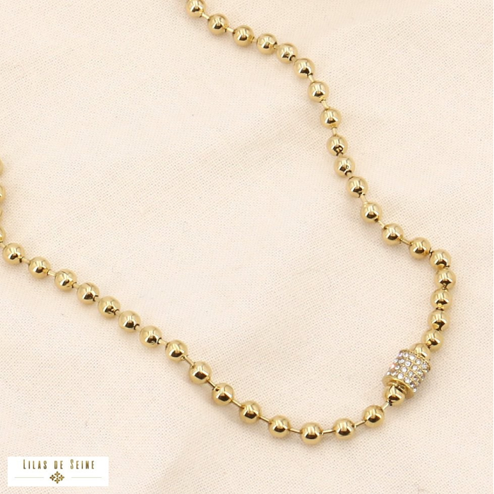 Collier chaîne billes acier inoxydable pendentif cylindre strass 0123553 blanc