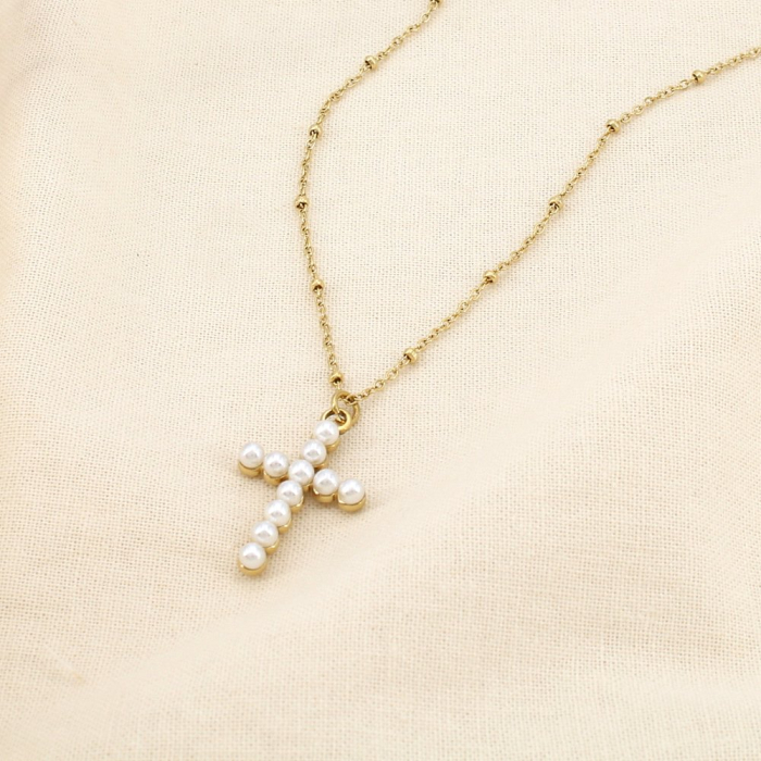 Collier acier inoxydable croix perles nacrées romantique symbolique chic 0125636 doré