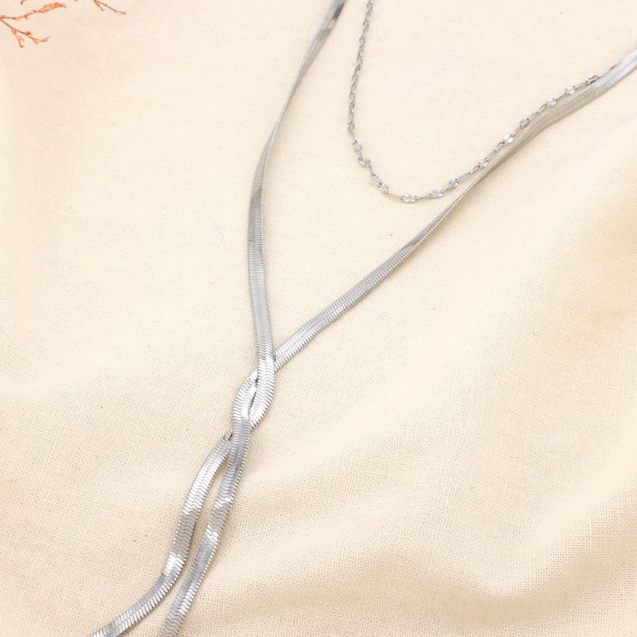Collier double rang pendentif nœud acier inoxydable mailles serpentine forçat plate 0126047 argenté