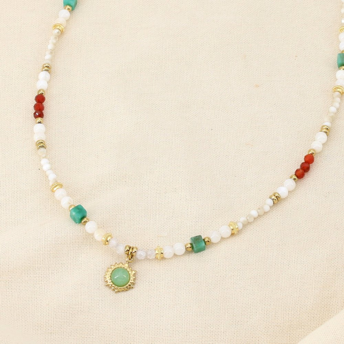 Collier perles multicolores breloque soleil acier 0126139 blanc