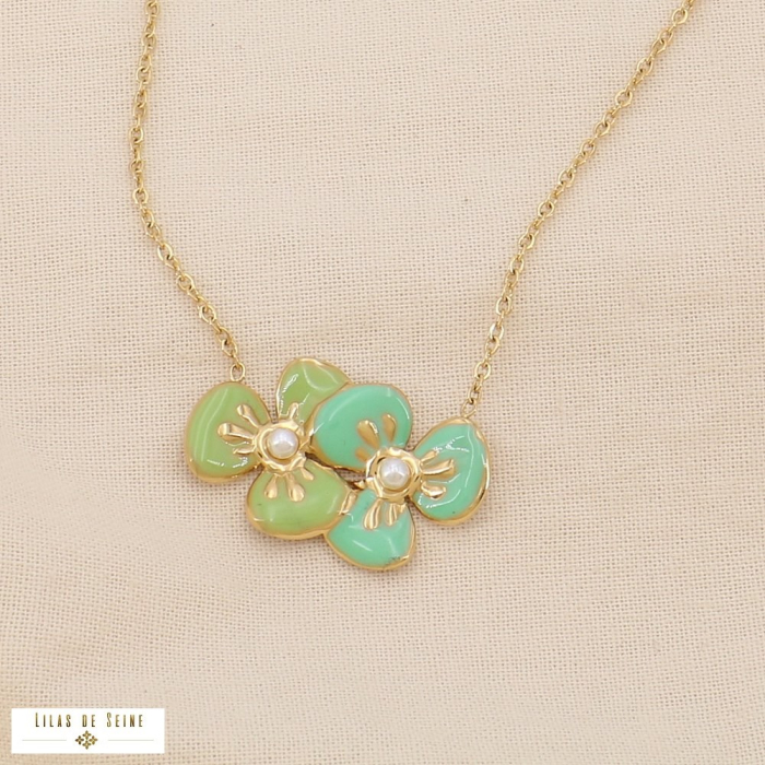 Collier fleurs émaillées bicolores acier inoxydable 0125032 vert kaki