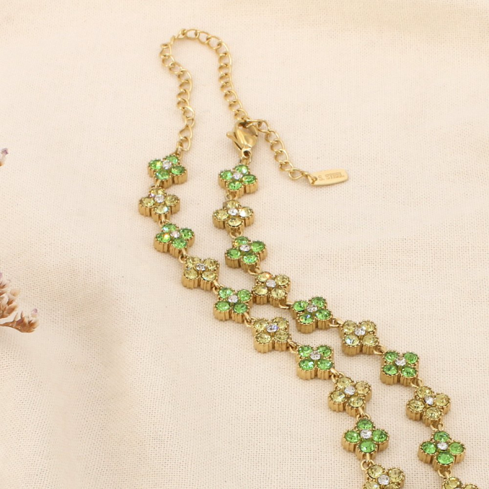 Collier acier inoxydable strass motif trèfle 0126185 vert