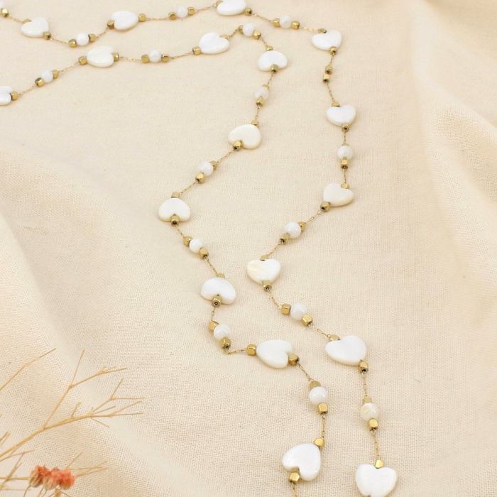 Collier sautoir acier inoxydable nacre billes cœurs 0126096 blanc