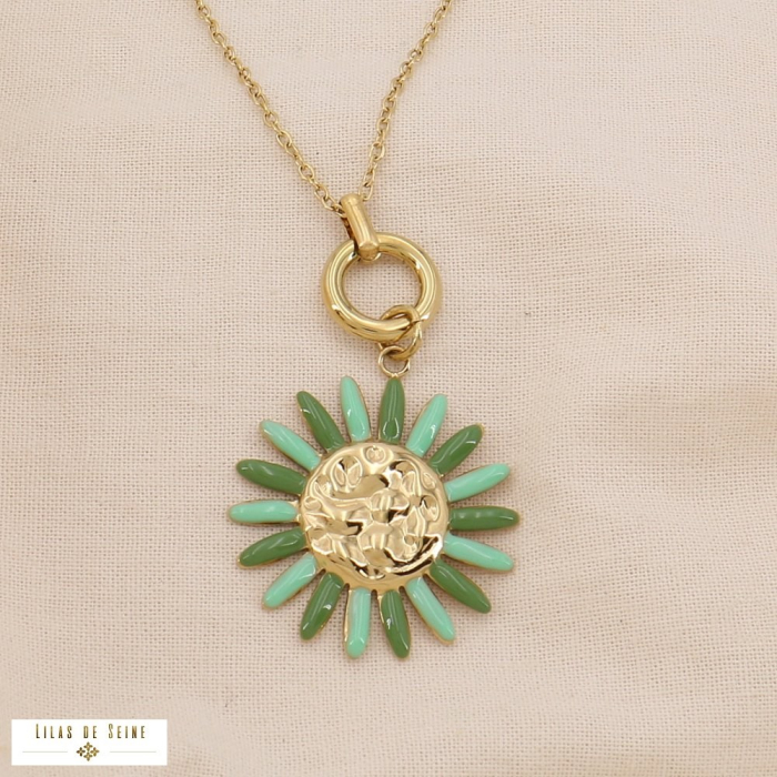 Collier fleur bohème solaire acier inoxydable doré émail coloré 0125033 vert kaki