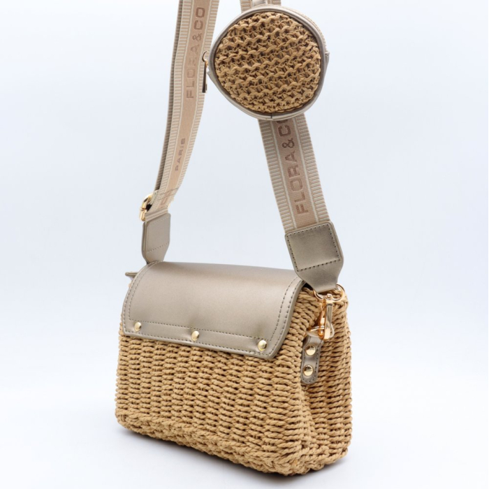Sac à bandoulière femme Flora&Co bohème chic urbain paille façon raphia 0926035 doré