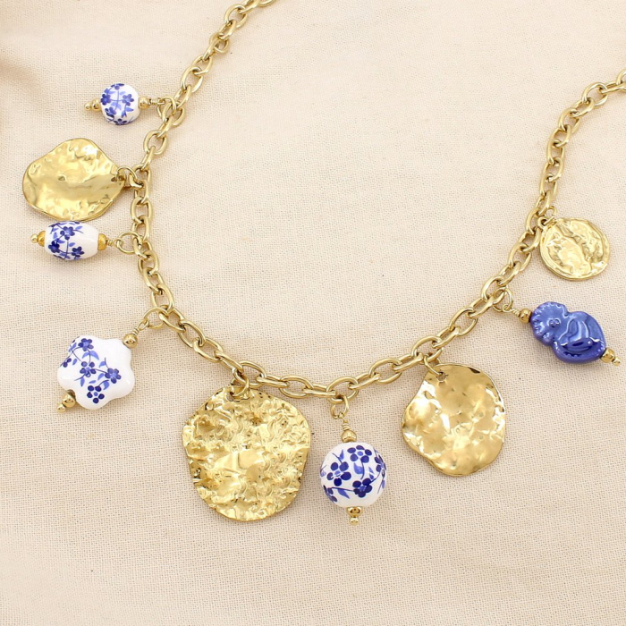 Collier Breloques Porcelaine Bleue Pièces Martelées Acier Inoxydable 0126166 bleu foncé