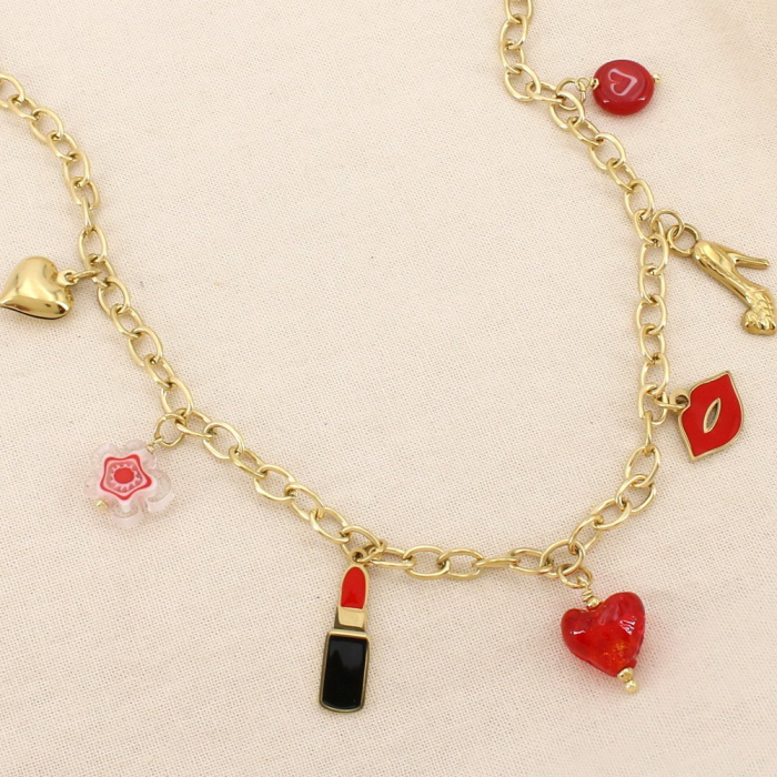 Collier charms coeur bouche rouge à lèvres botte fleur acier inoxydable 0126190 rouge