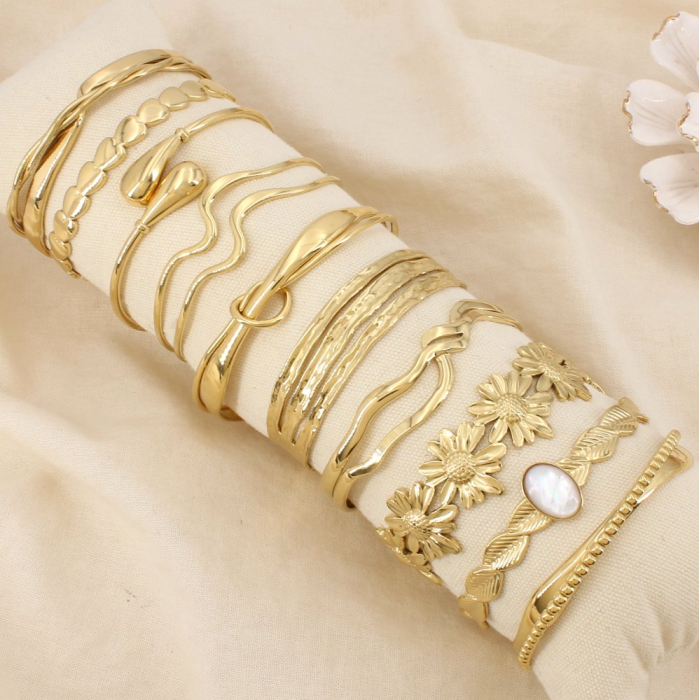 Ensemble 10 Bracelets Joncs Ouverts Acier Inoxydable 0226073 doré