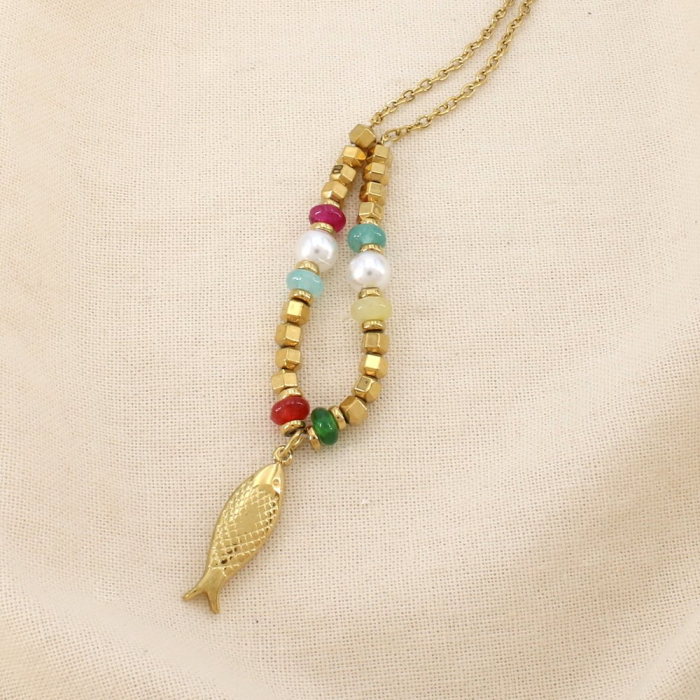 Collier poisson acier inoxydable pierre perle 0126193 multi