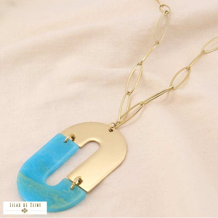 Sautoir Chaîne Trombone Pendentif Vintage Acier Résine Marbrée 0124561 bleu