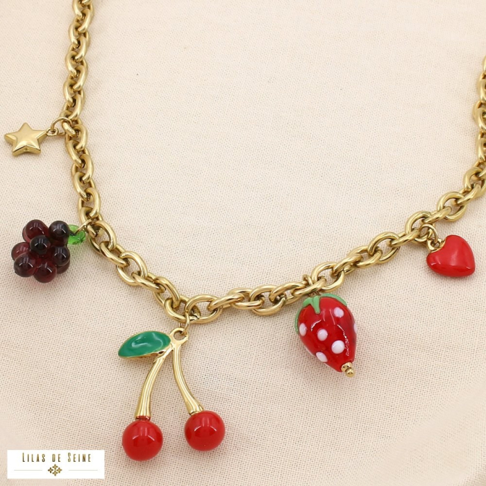 Collier acier inoxydable multi-breloques charms fruits 0125129 rouge