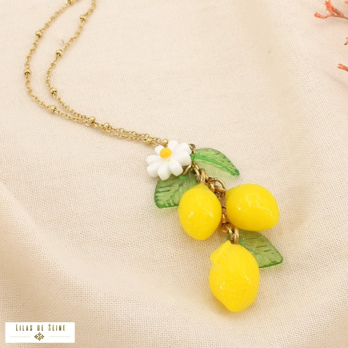 Collier acier inoxydable pendentif grappe citrons 0125129 jaune