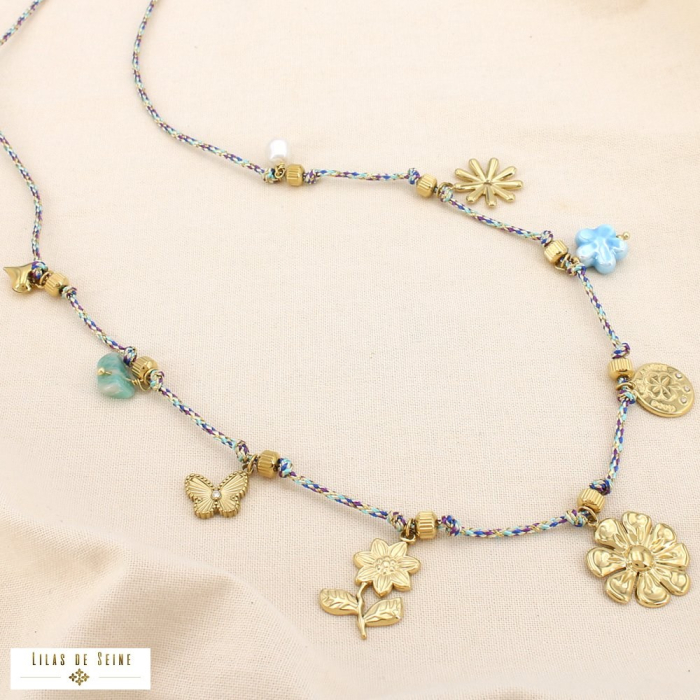 Sautoir acier inoxydable cordon tressé charms champêtres perles nacrées bleu