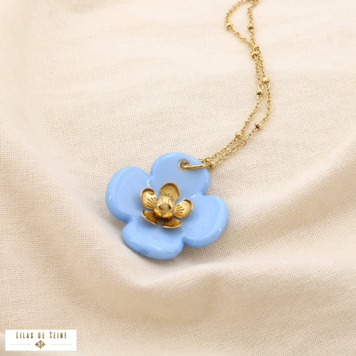 Collier acier inoxydable pendentif fleur résine marbrée 0125188 bleu