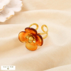 Bague large ouverte double anneau acier inoxydable fleur résine marbrée 0425068 marron
