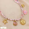 Collier acier inoxydable charms champêtres cordon tissu motif floral 0125057 rose
