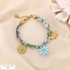 Bracelet acier inoxydable charms abeille fleurs cordon tissu motif floral 0225054 bleu