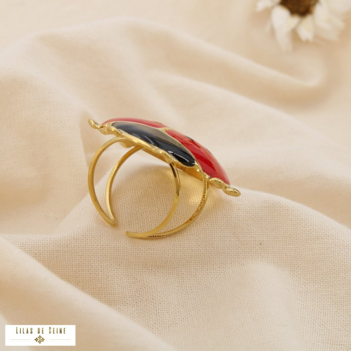 Bague acier inoxydable coccinelle XXL porte-bonheur émail 0425062 rouge