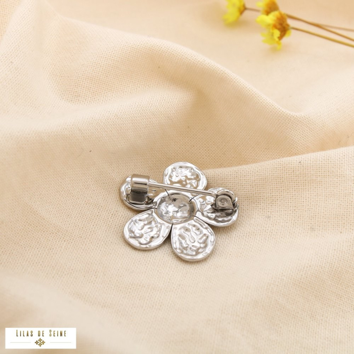 Broche à épingle fleur acier inoxydable martelé 0525012 argenté